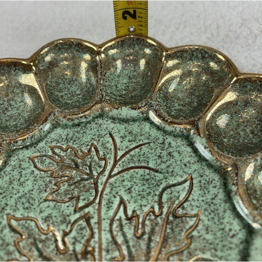 Vtg California Original Pottery 703 Egg Dish Green w/Gold Splatter Leaf **READ** - Picture 7 of 11